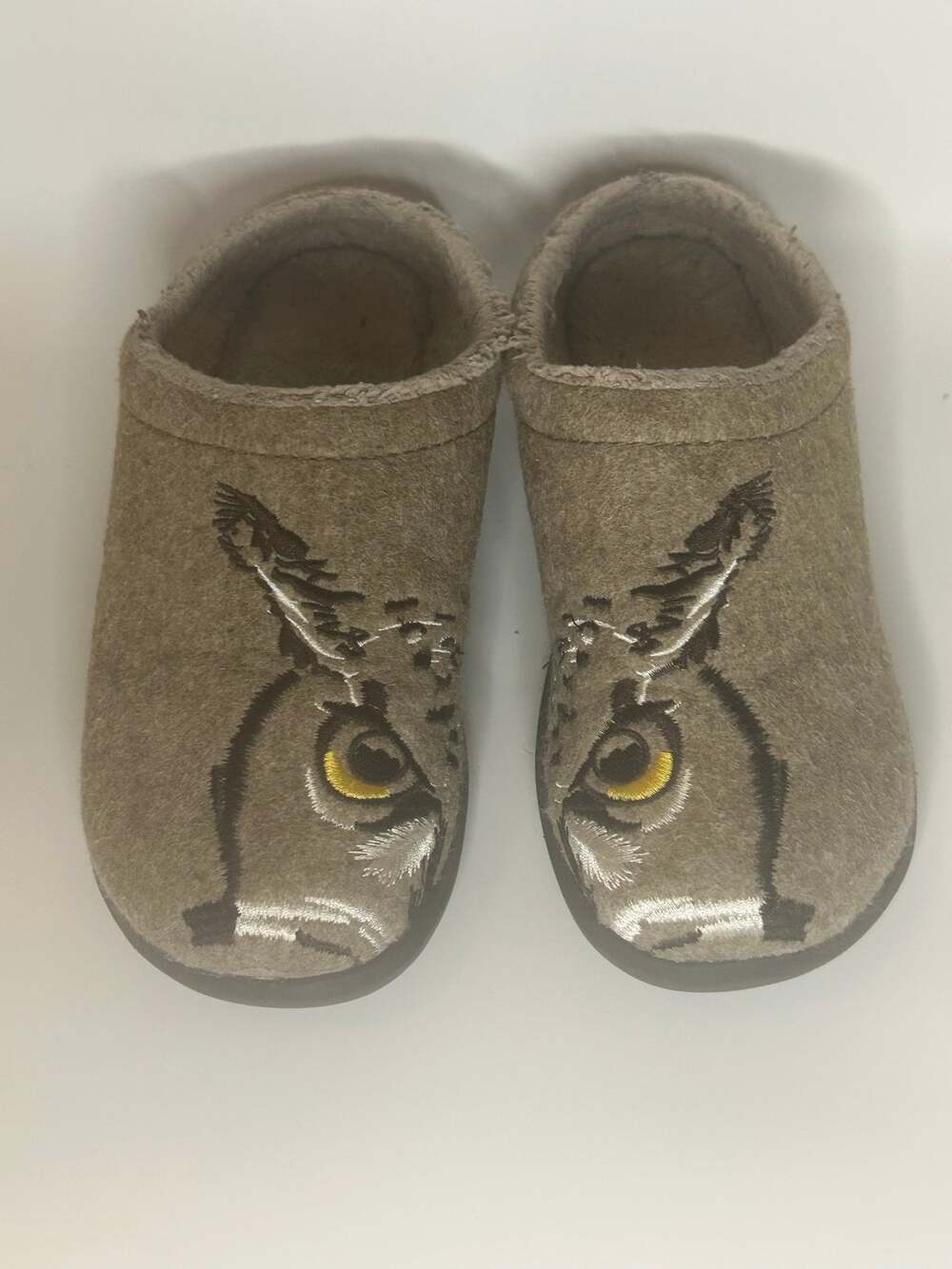 LL Bean Daybreak Scuffs Slippers 7 M Womens Taupe Owl Wool Clog Mules Cozy Warm